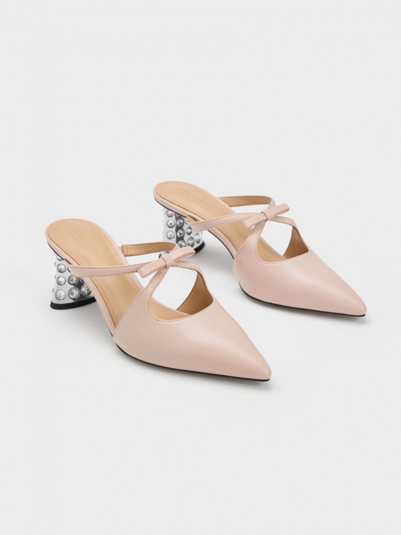 Charles And Keith Bow Crossover Gem-Embellished Mules Beige | PHILIPPINES T620