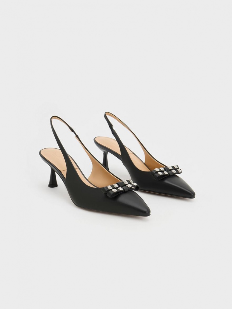 Charles And Keith Bow Crystal-Embellished Leather Slingback Pumps Black | PHILIPPINES B046