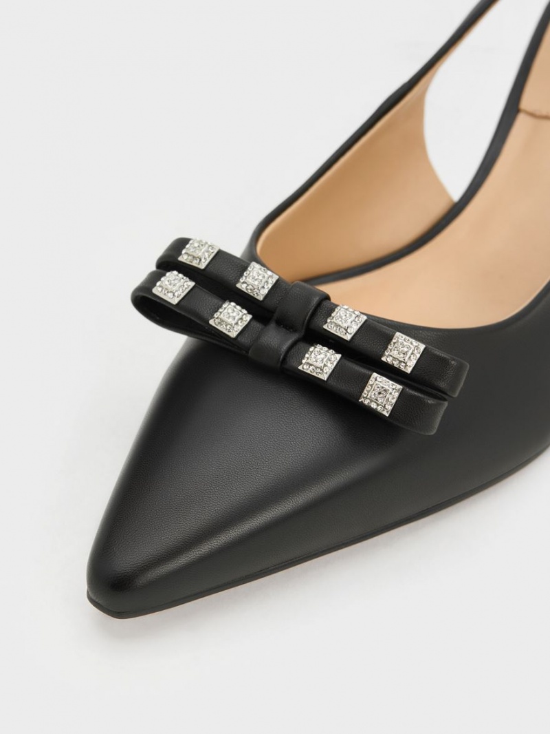 Charles And Keith Bow Crystal-Embellished Leather Slingback Pumps Black | PHILIPPINES B046