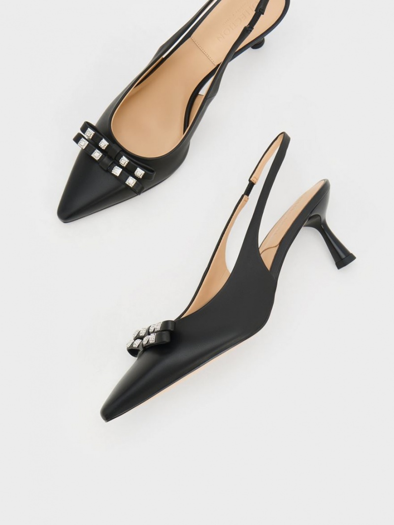 Charles And Keith Bow Crystal-Embellished Leather Slingback Pumps Black | PHILIPPINES B046