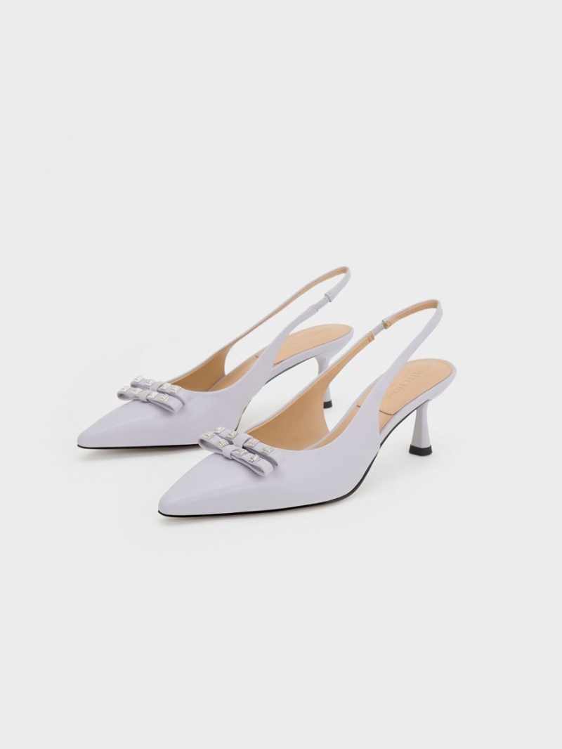 Charles And Keith Bow Crystal-Embellished Leather Slingback Pumps Purple | PHILIPPINES A620