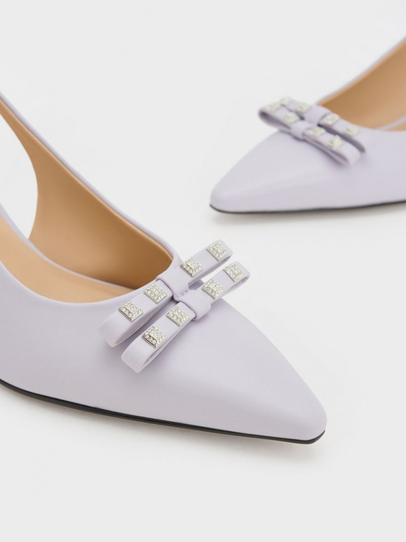 Charles And Keith Bow Crystal-Embellished Leather Slingback Pumps Purple | PHILIPPINES A620