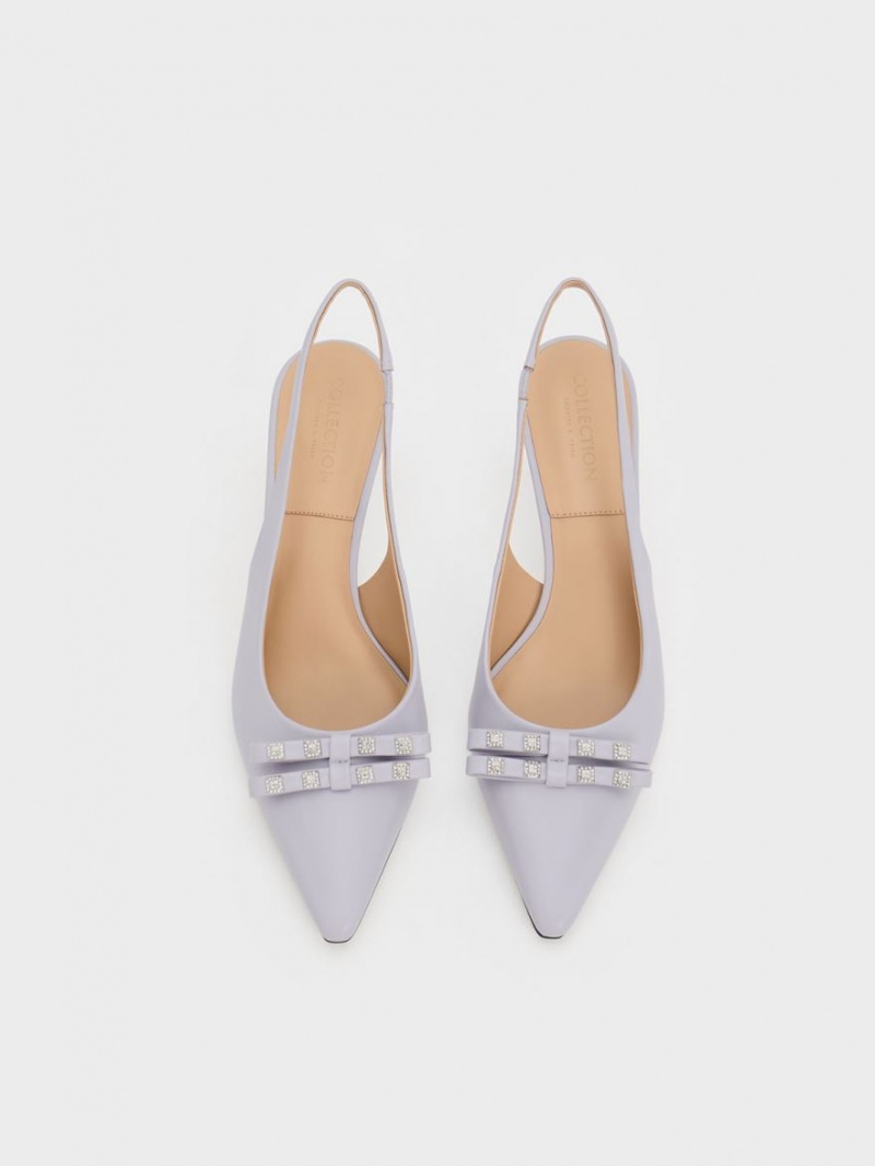 Charles And Keith Bow Crystal-Embellished Leather Slingback Pumps Purple | PHILIPPINES A620