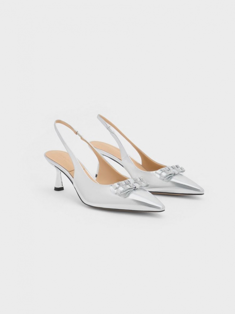 Charles And Keith Bow Crystal-Embellished Metallic Leather Slingback Pumps Silver | PHILIPPINES O517