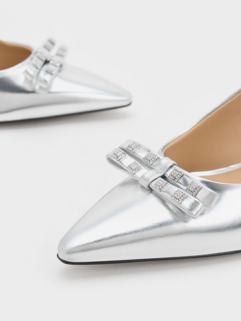 Charles And Keith Bow Crystal-Embellished Metallic Leather Slingback Pumps Silver | PHILIPPINES O517