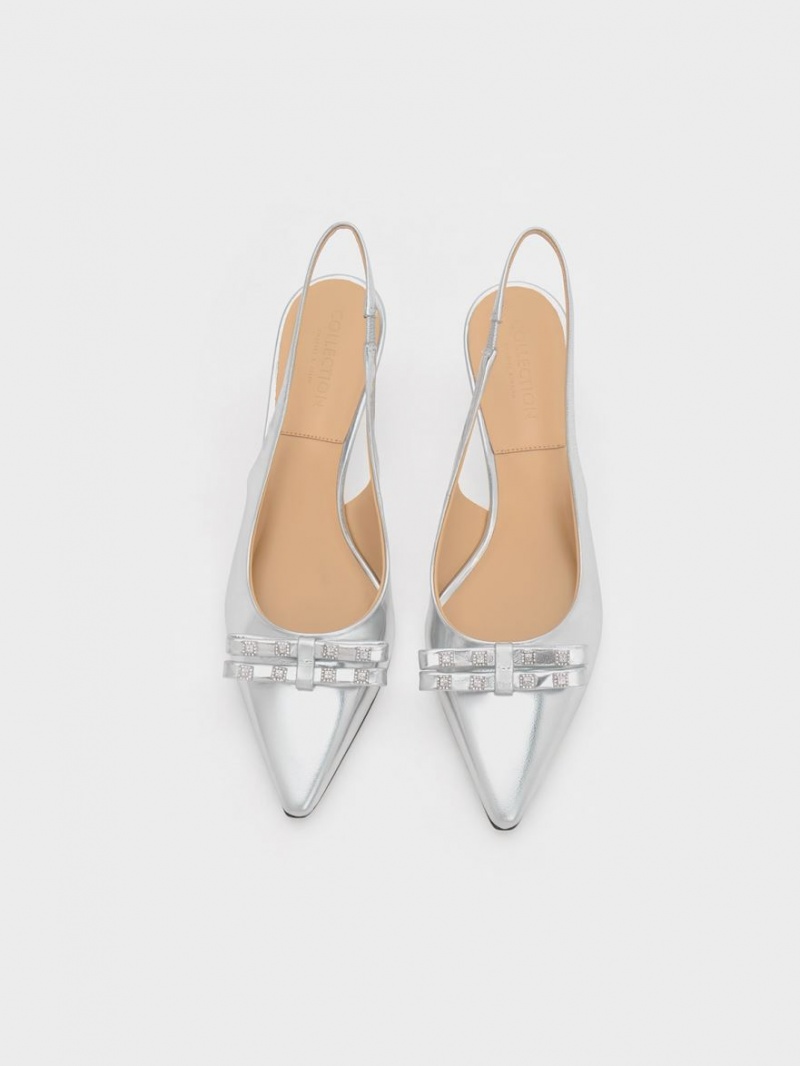 Charles And Keith Bow Crystal-Embellished Metallic Leather Slingback Pumps Silver | PHILIPPINES O517