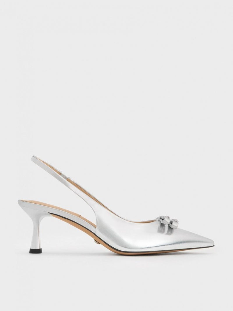 Charles And Keith Bow Crystal-Embellished Metallic Leather Slingback Pumps Silver | PHILIPPINES O517