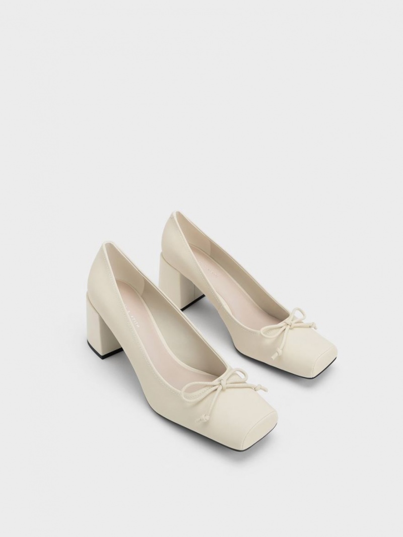 Charles And Keith Bow Square-Toe Pumps Cream | PHILIPPINES V193