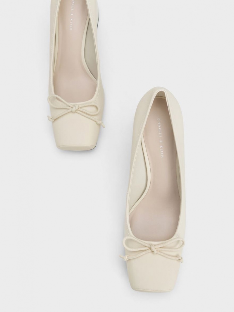 Charles And Keith Bow Square-Toe Pumps Cream | PHILIPPINES V193