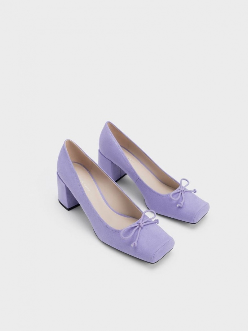 Charles And Keith Bow Square-Toe Textured Pumps Purple | PHILIPPINES J157