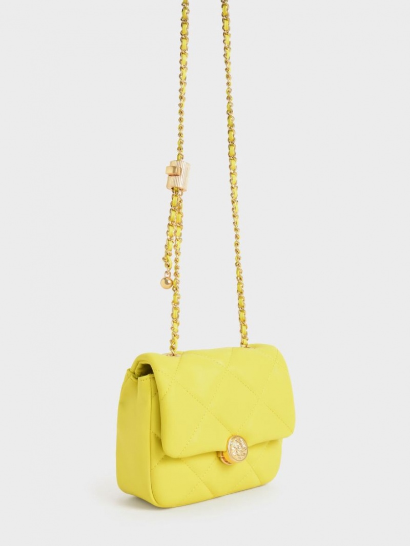 Charles And Keith Braided Chain-Handle Quilted Evening Clutch Bag Yellow | PHILIPPINES E576