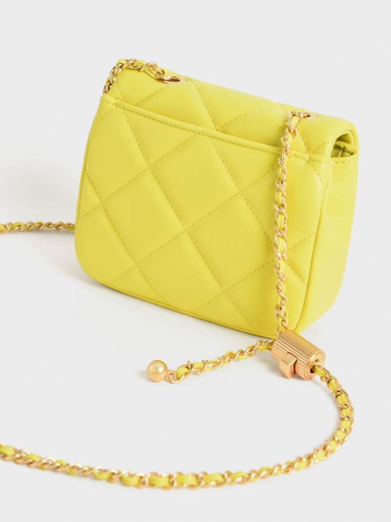 Charles And Keith Braided Chain-Handle Quilted Evening Clutch Bag Yellow | PHILIPPINES E576