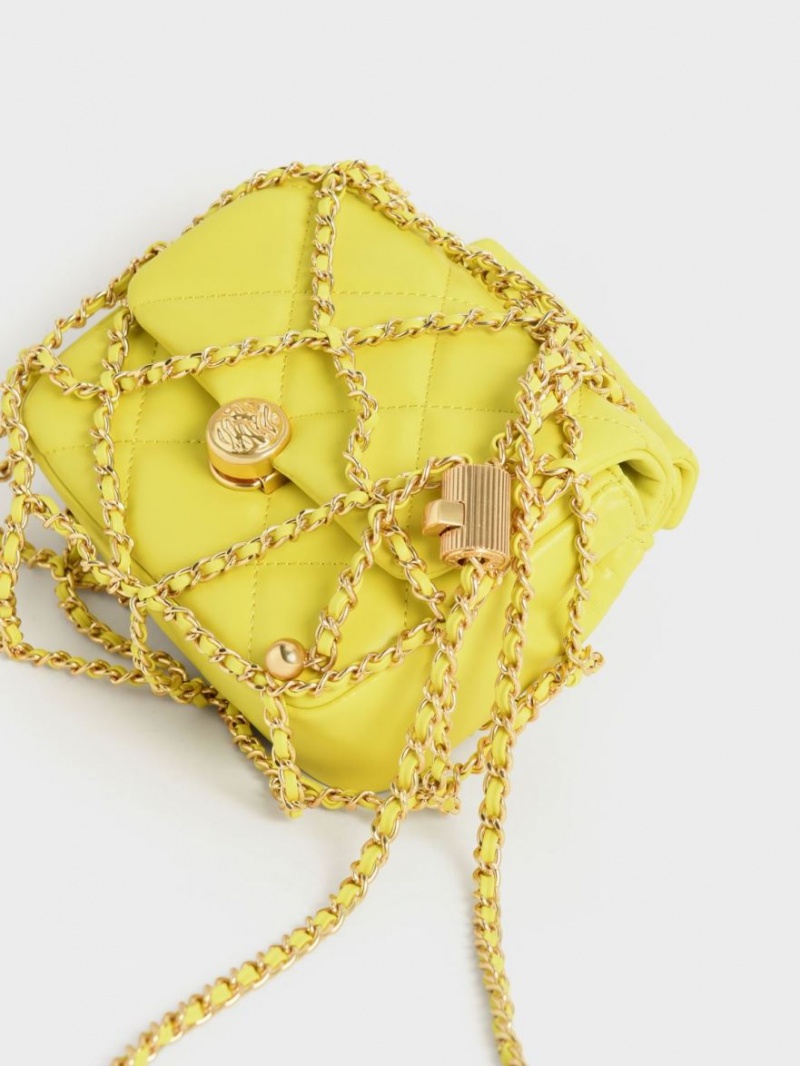 Charles And Keith Braided Chain-Handle Quilted Evening Clutch Bag Yellow | PHILIPPINES E576