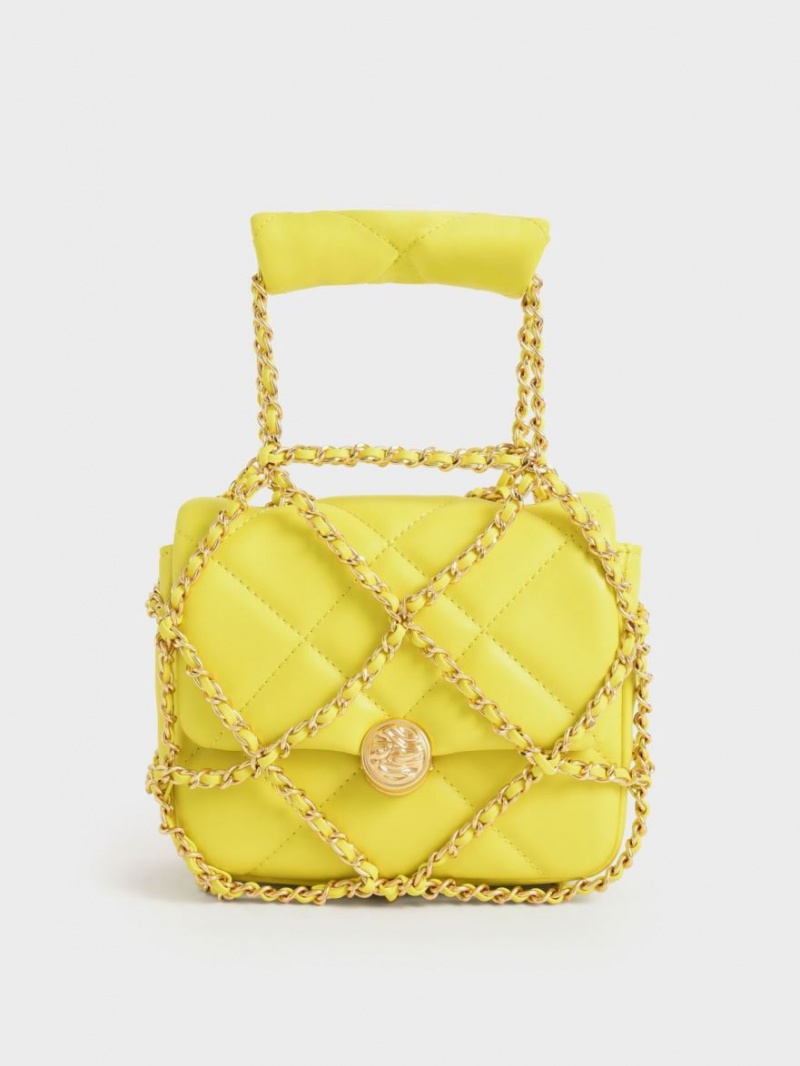 Charles And Keith Braided Chain-Handle Quilted Evening Clutch Bag Yellow | PHILIPPINES E576