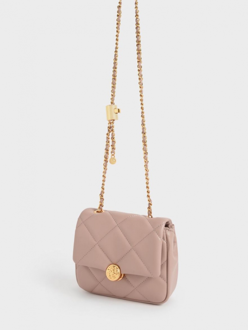 Charles And Keith Braided Chain-Handle Quilted Evening Clutch Bag Beige | PHILIPPINES F904