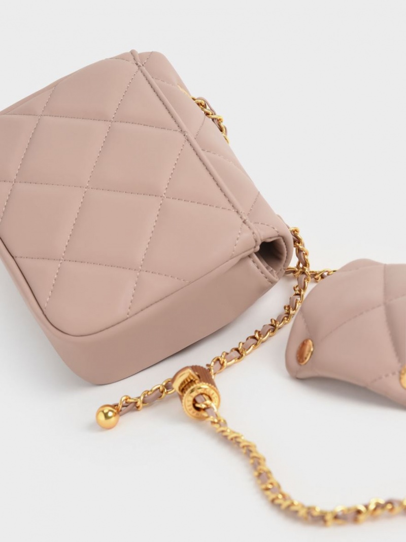 Charles And Keith Braided Chain-Handle Quilted Evening Clutch Bag Beige | PHILIPPINES F904