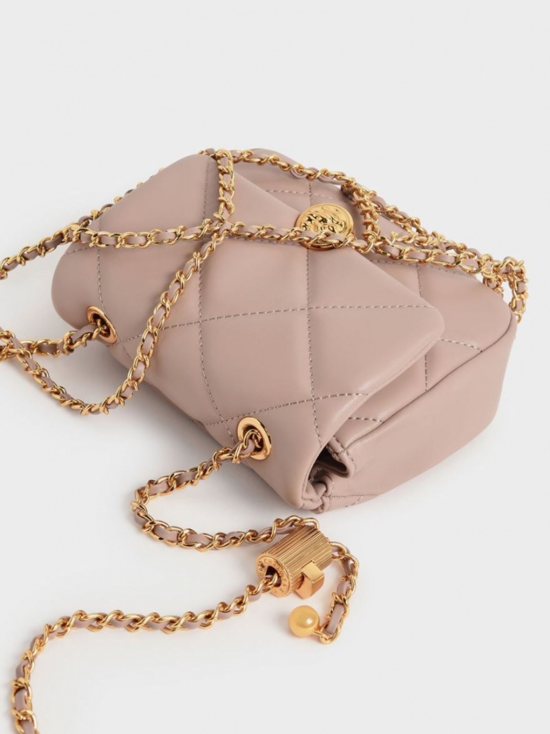 Charles And Keith Braided Chain-Handle Quilted Evening Clutch Bag Beige | PHILIPPINES F904