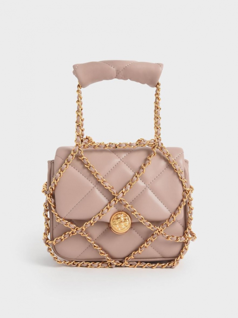 Charles And Keith Braided Chain-Handle Quilted Evening Clutch Bag Beige | PHILIPPINES F904