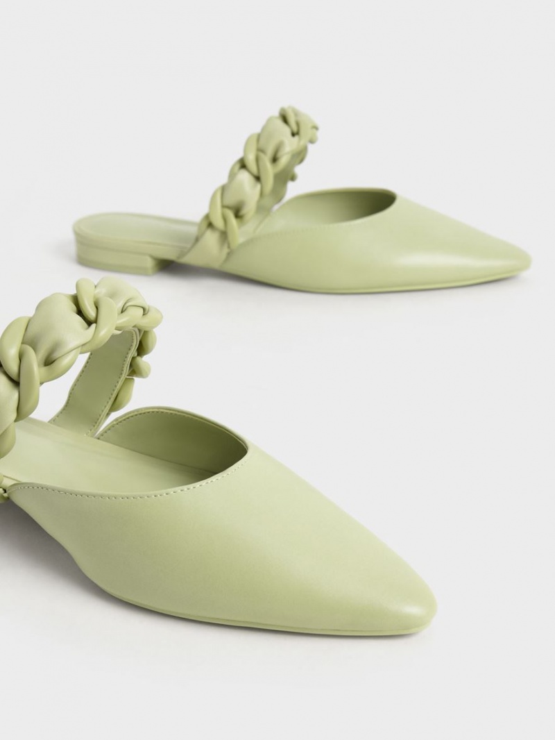 Charles And Keith Braided Chain-Link Flat Mules Green | PHILIPPINES F652