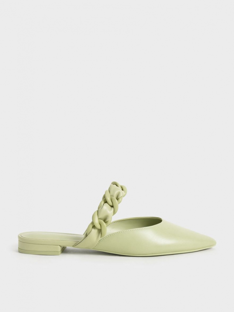 Charles And Keith Braided Chain-Link Flat Mules Green | PHILIPPINES F652