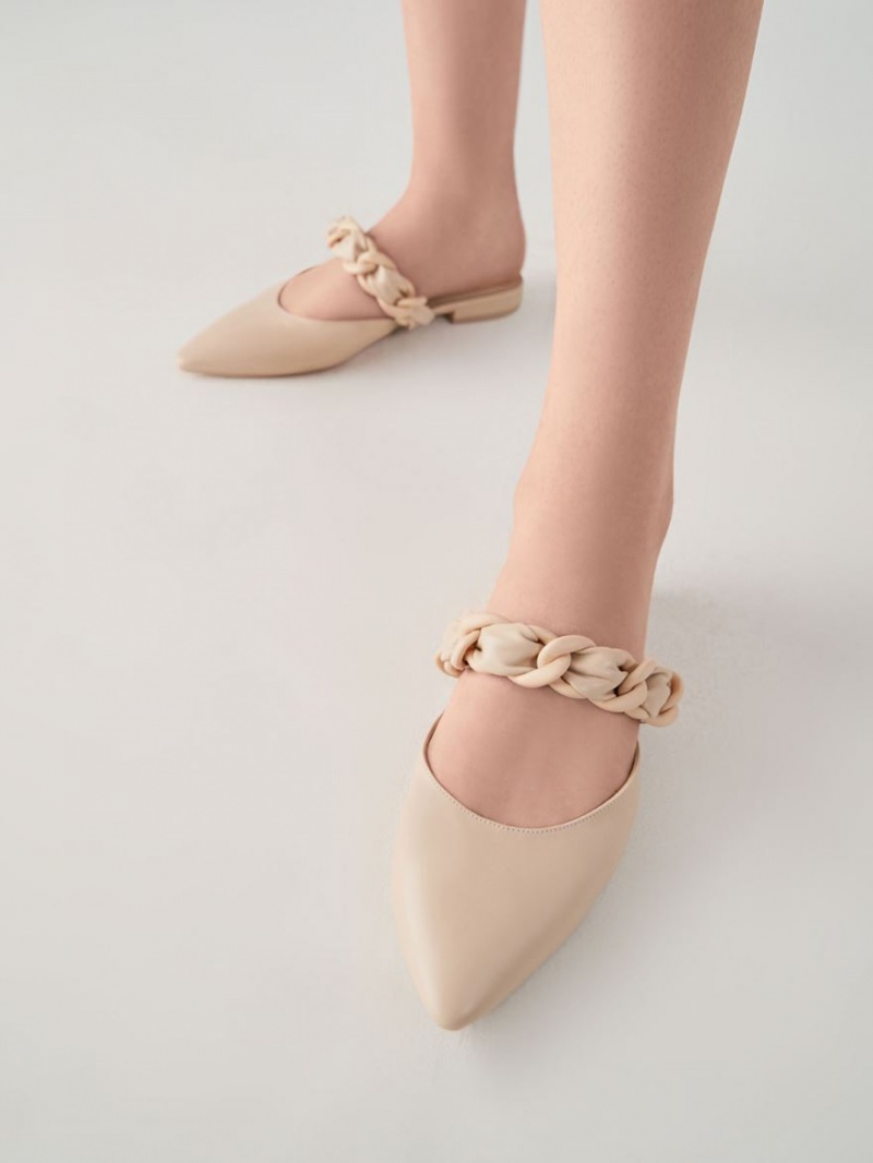 Charles And Keith Braided Chain-Link Flat Mules Beige | PHILIPPINES M487