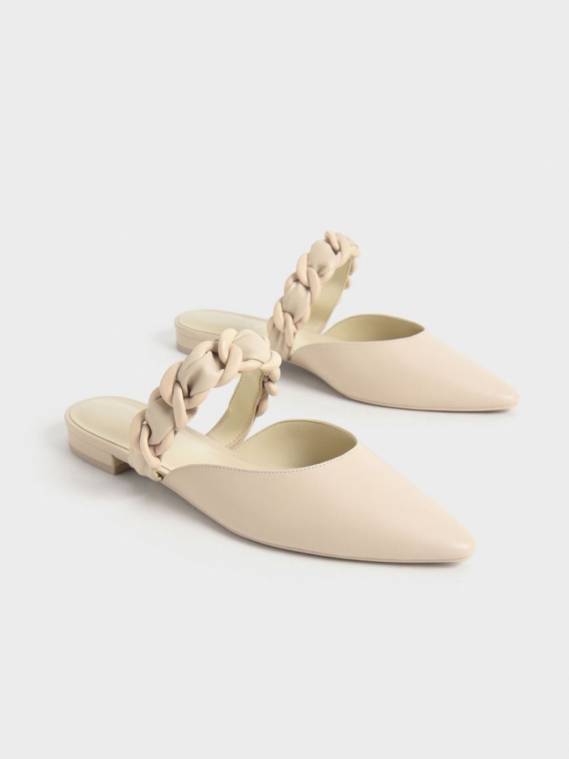 Charles And Keith Braided Chain-Link Flat Mules Beige | PHILIPPINES M487