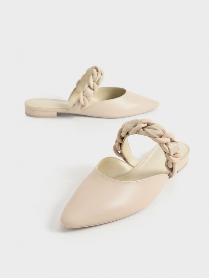 Charles And Keith Braided Chain-Link Flat Mules Beige | PHILIPPINES M487