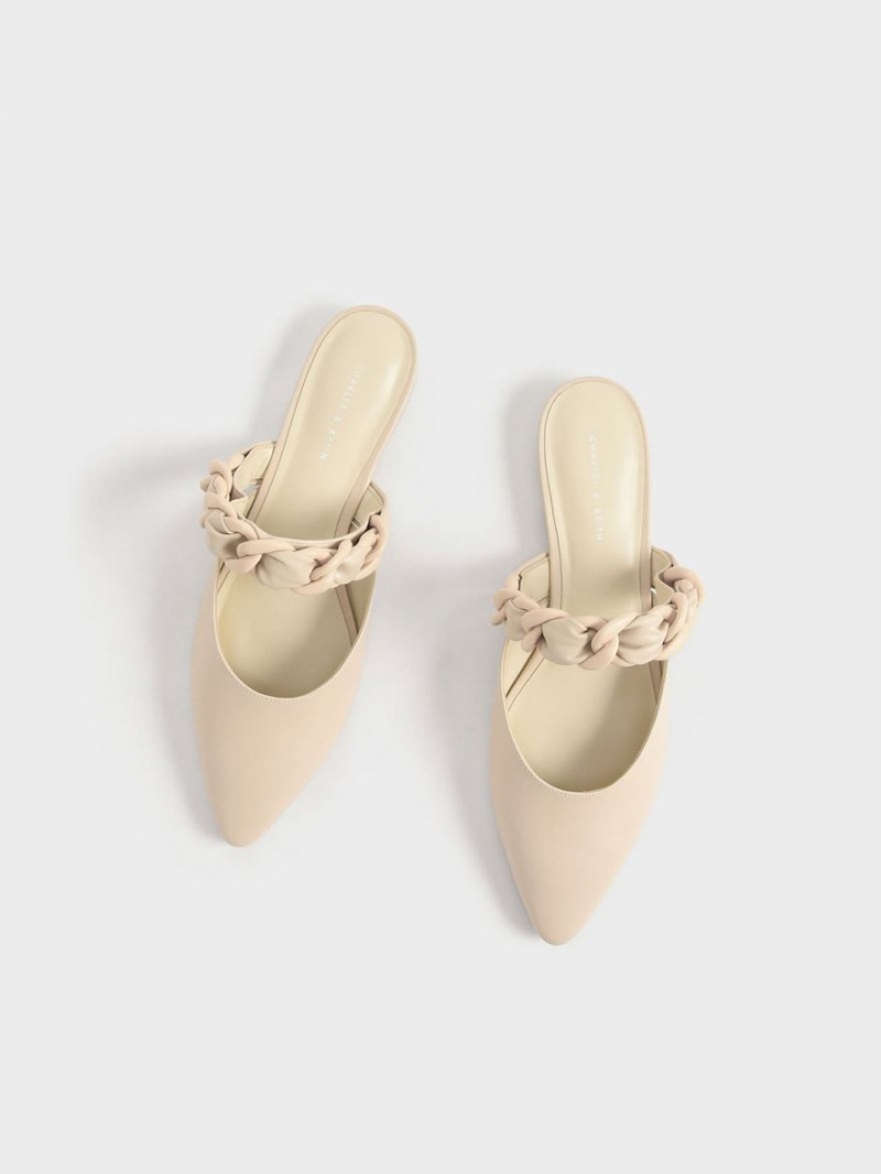 Charles And Keith Braided Chain-Link Flat Mules Beige | PHILIPPINES M487