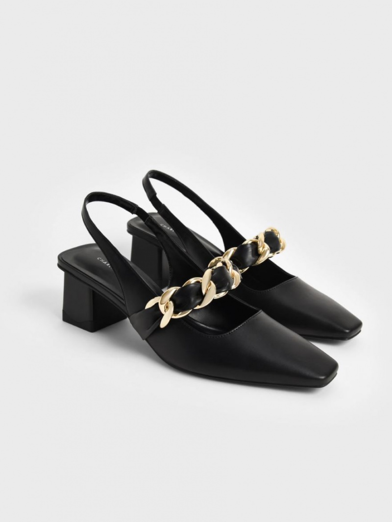 Charles And Keith Braided Chain-Link Slingback Pumps Black | PHILIPPINES I831