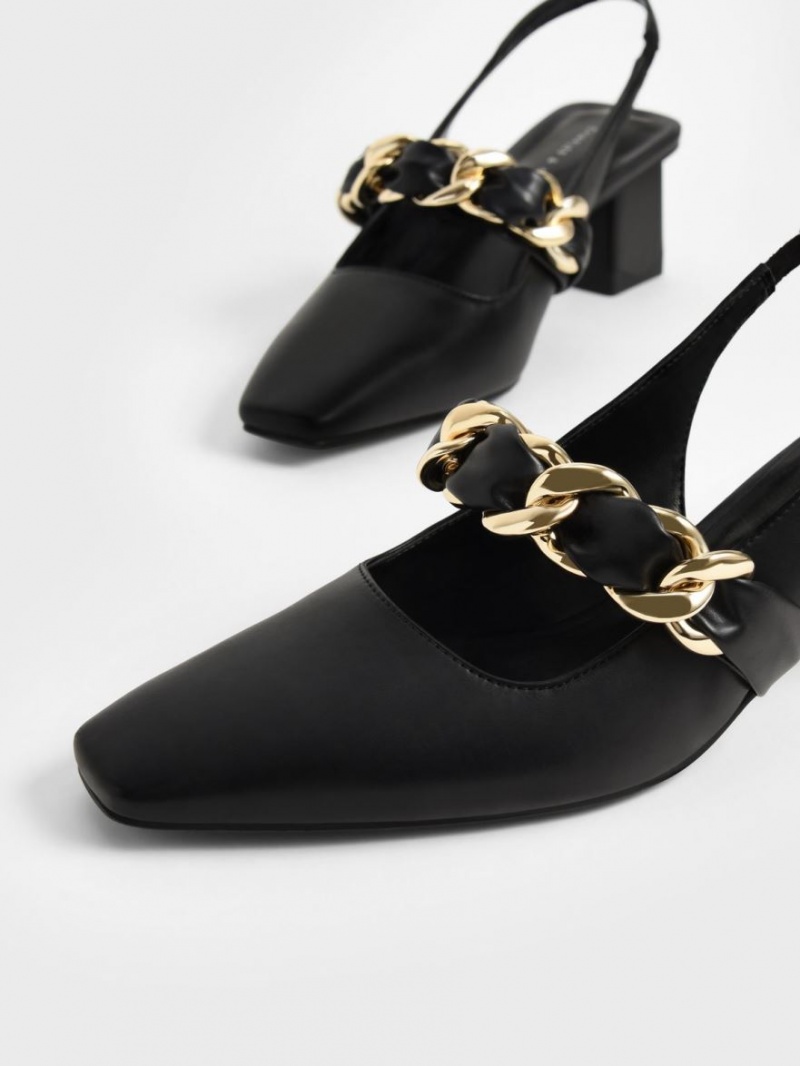 Charles And Keith Braided Chain-Link Slingback Pumps Black | PHILIPPINES I831