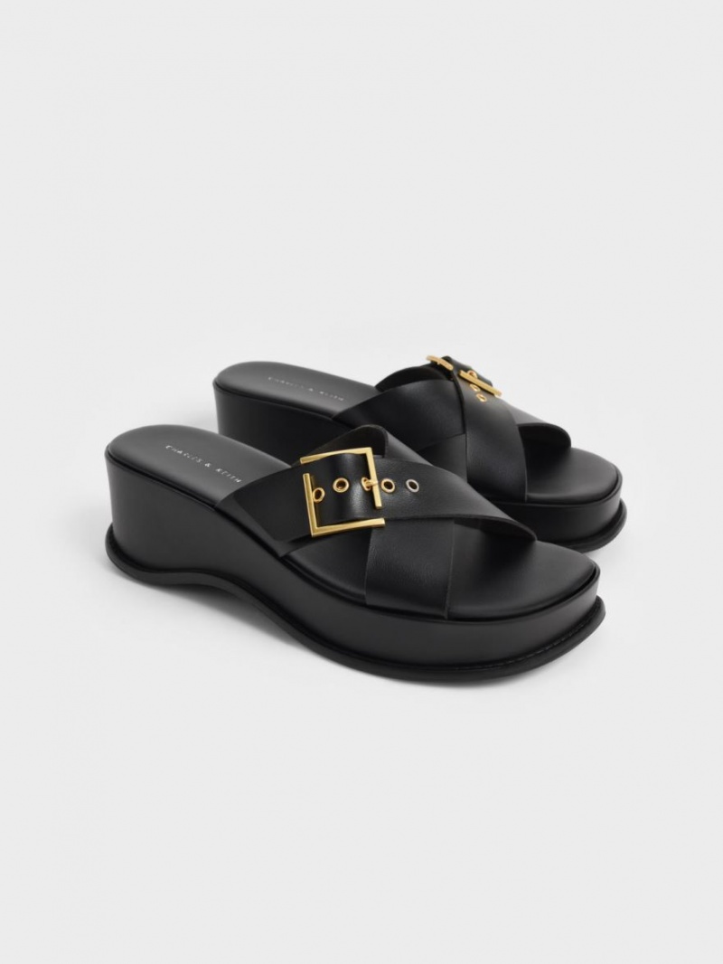 Charles And Keith Buckled Crossover Platform Sandals Black | PHILIPPINES I265