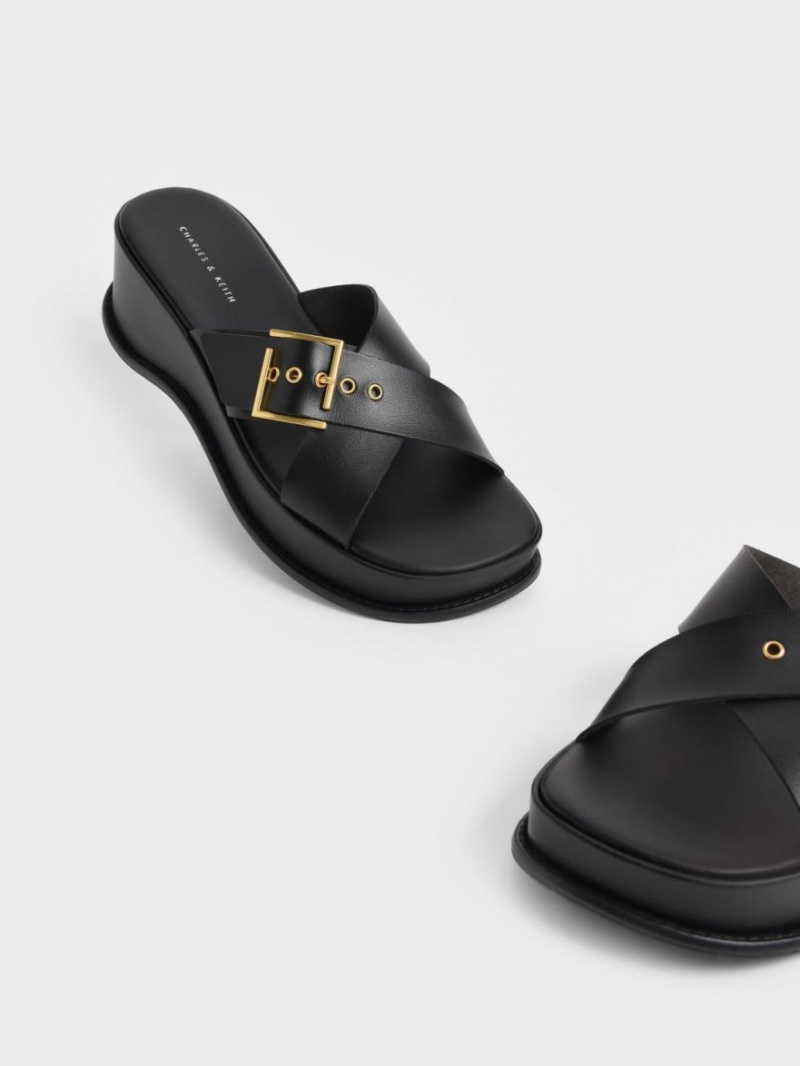 Charles And Keith Buckled Crossover Platform Sandals Black | PHILIPPINES I265