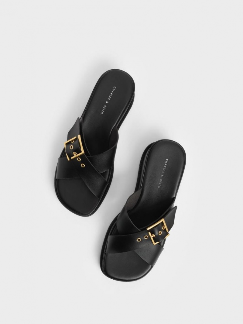 Charles And Keith Buckled Crossover Platform Sandals Black | PHILIPPINES I265