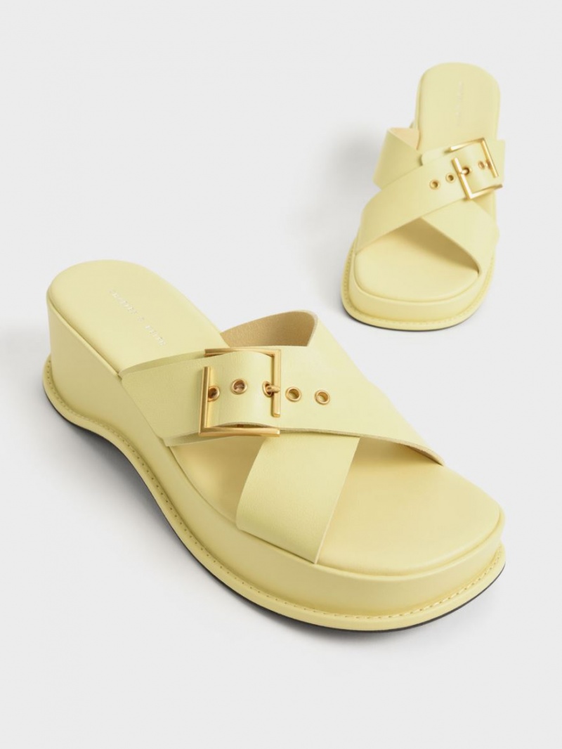 Charles And Keith Buckled Crossover Platform Sandals Yellow | PHILIPPINES X650