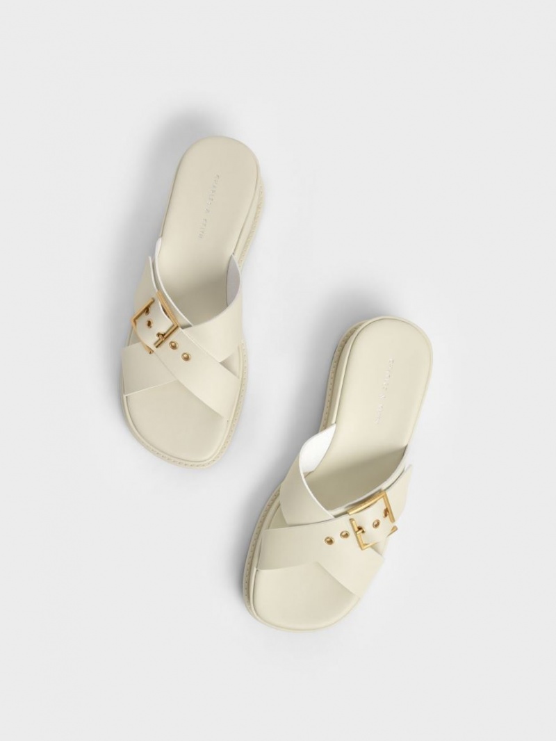 Charles And Keith Buckled Crossover Platform Sandals White | PHILIPPINES W490