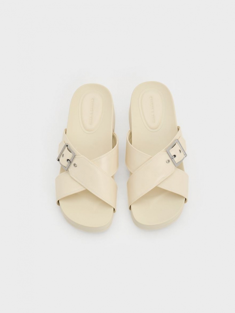 Charles And Keith Buckled Crossover Platform Sandals Cream | PHILIPPINES B790