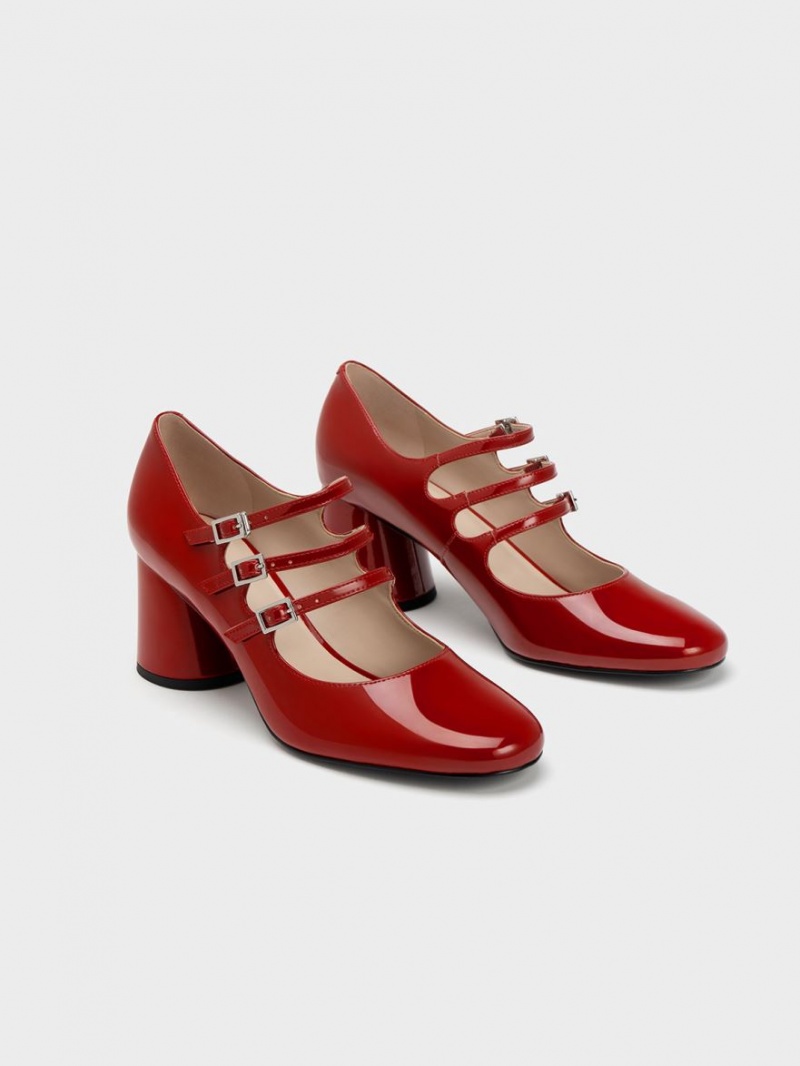 Charles And Keith Buckled Cylindrical Heel Mary Jane Shoes Red | PHILIPPINES F847