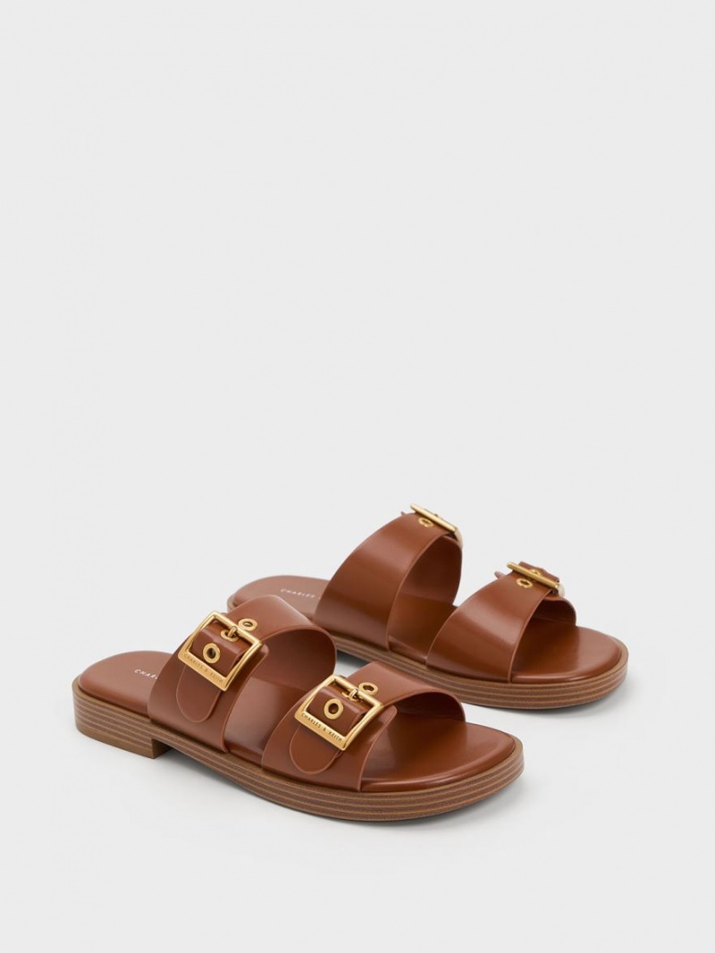 Charles And Keith Buckled Double Strap Slide Sandals Brown | PHILIPPINES Q049