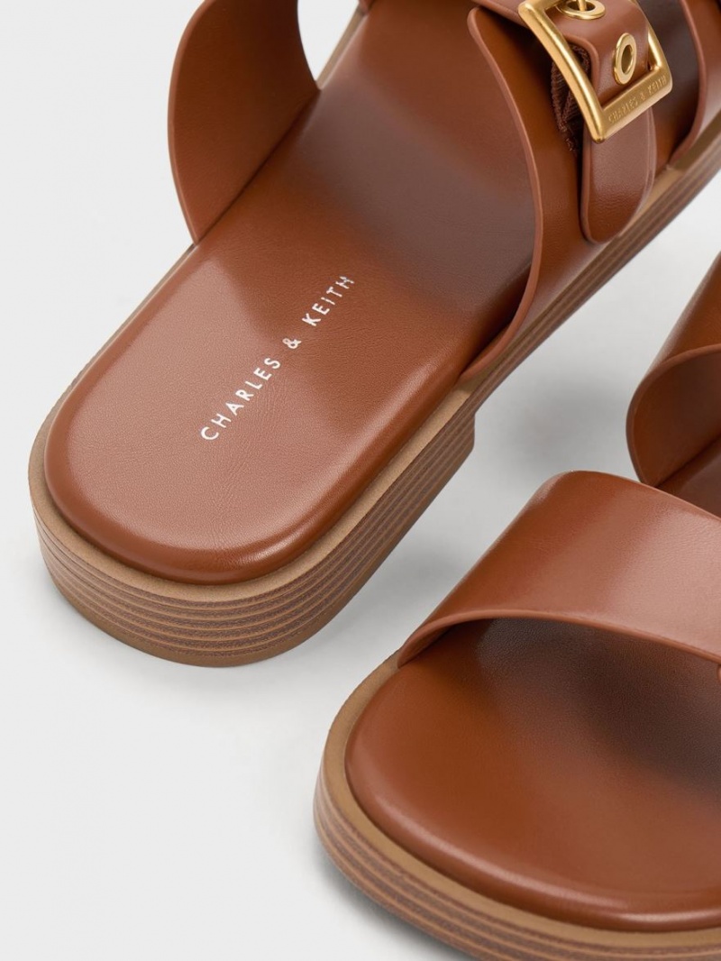 Charles And Keith Buckled Double Strap Slide Sandals Brown | PHILIPPINES Q049