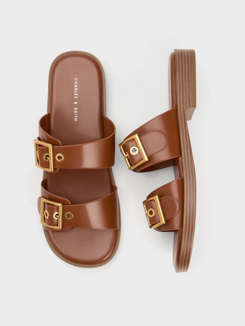 Charles And Keith Buckled Double Strap Slide Sandals Brown | PHILIPPINES Q049