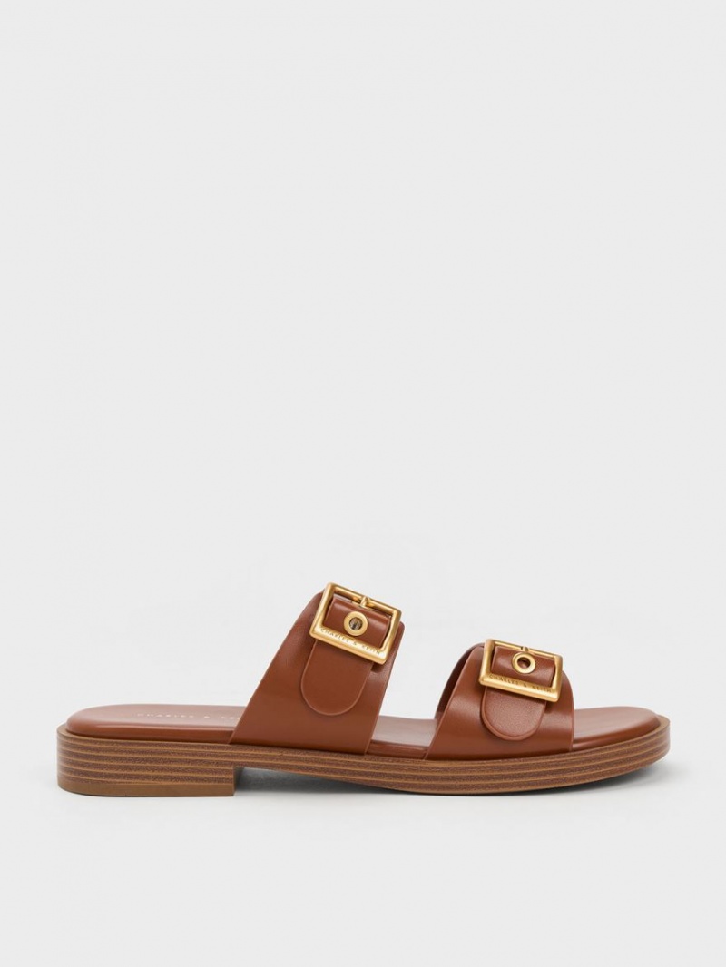 Charles And Keith Buckled Double Strap Slide Sandals Brown | PHILIPPINES Q049