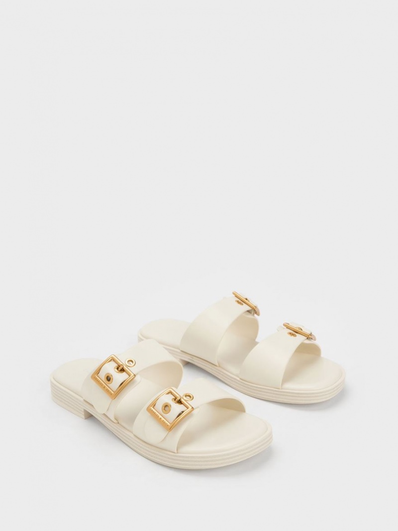 Charles And Keith Buckled Double Strap Slide Sandals White | PHILIPPINES O320