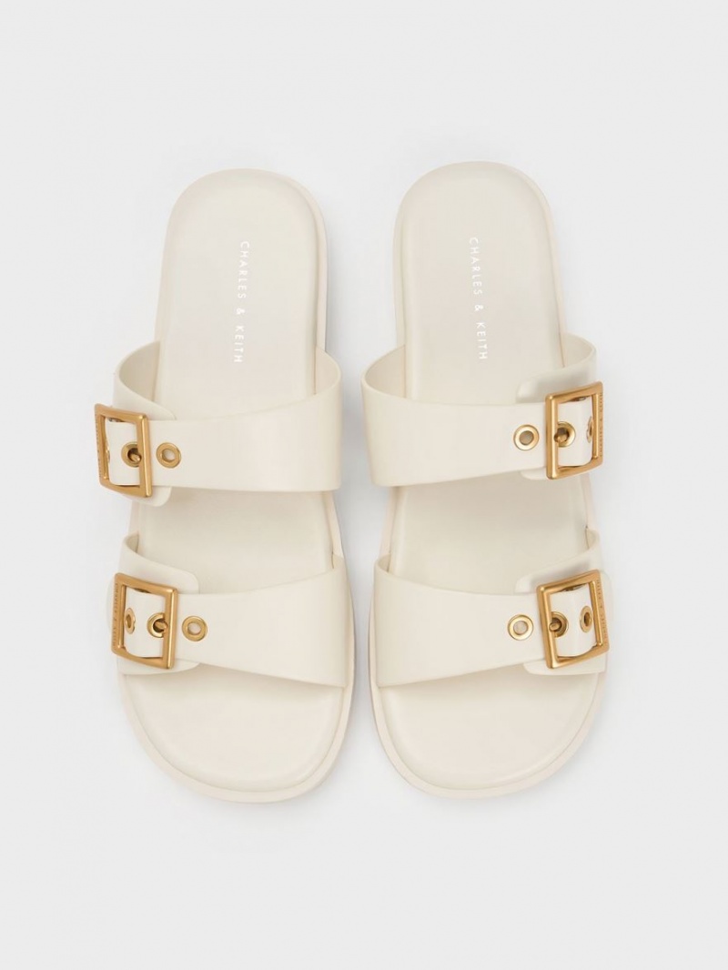 Charles And Keith Buckled Double Strap Slide Sandals White | PHILIPPINES O320