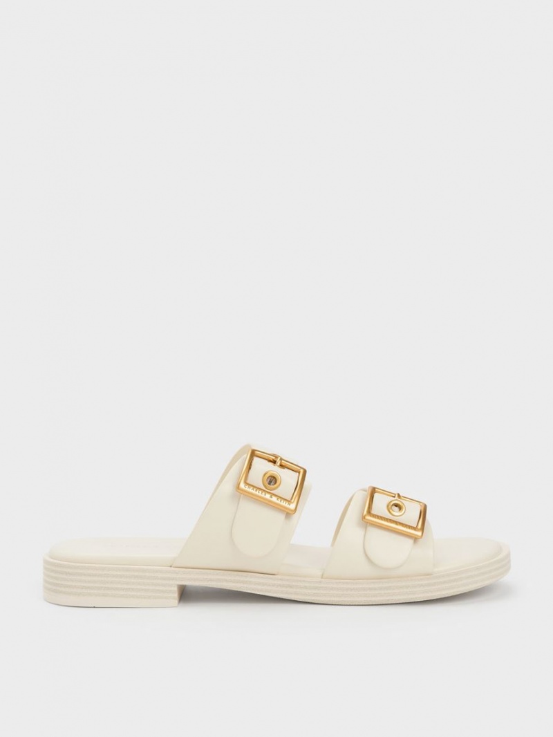 Charles And Keith Buckled Double Strap Slide Sandals White | PHILIPPINES O320