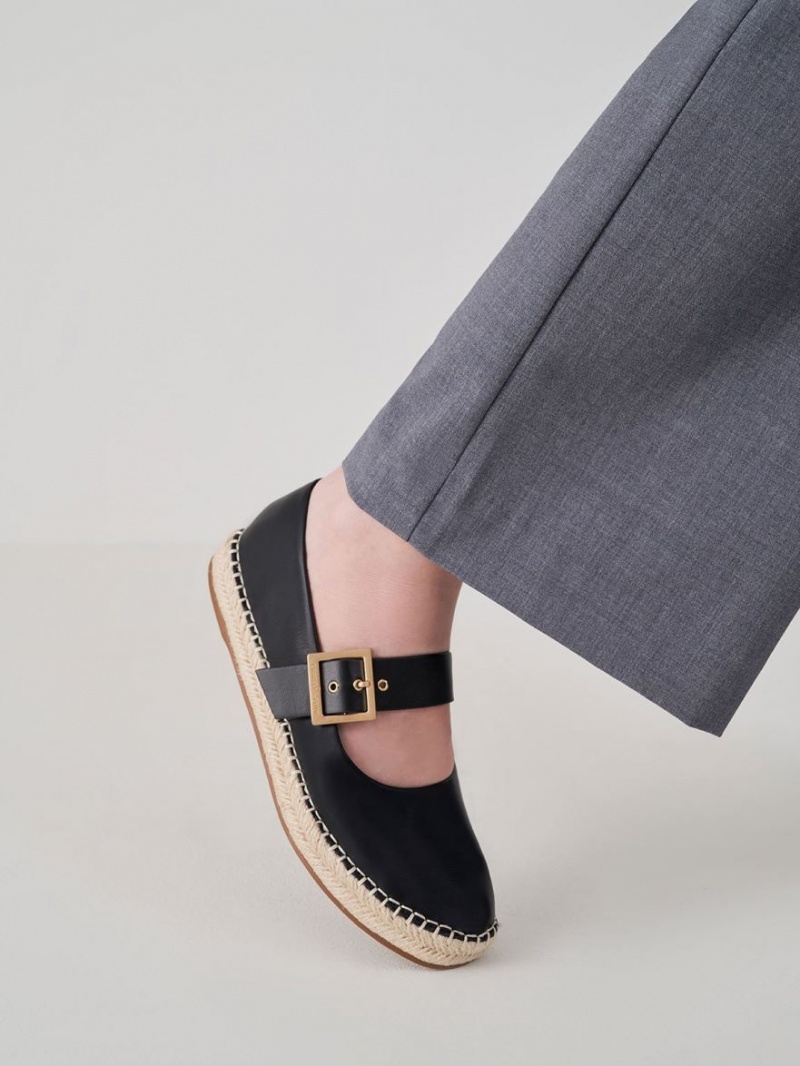 Charles And Keith Buckled Espadrille Flat Shoes Black | PHILIPPINES C368