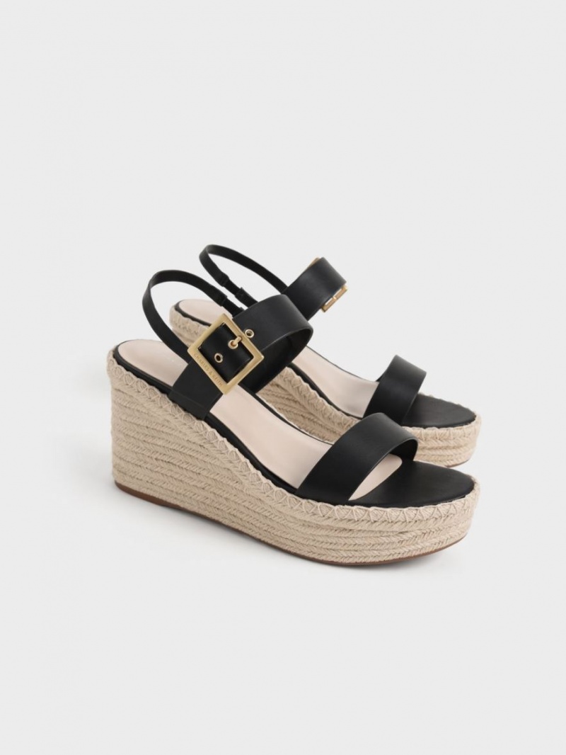 Charles And Keith Buckled Espadrille Wedges Black | PHILIPPINES N951