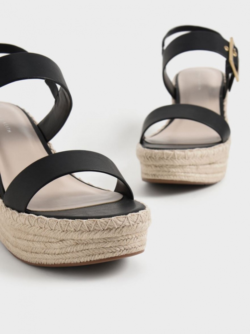 Charles And Keith Buckled Espadrille Wedges Black | PHILIPPINES N951