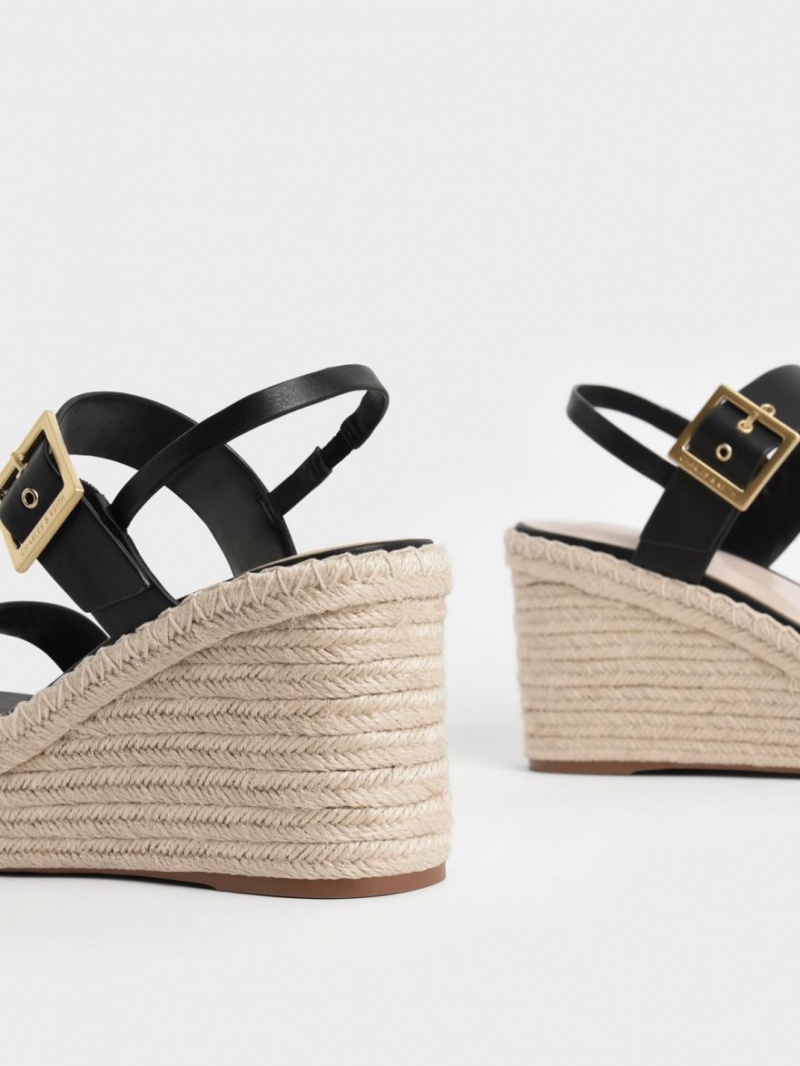 Charles And Keith Buckled Espadrille Wedges Black | PHILIPPINES N951