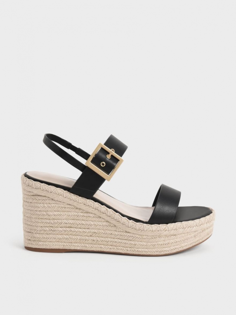 Charles And Keith Buckled Espadrille Wedges Black | PHILIPPINES N951