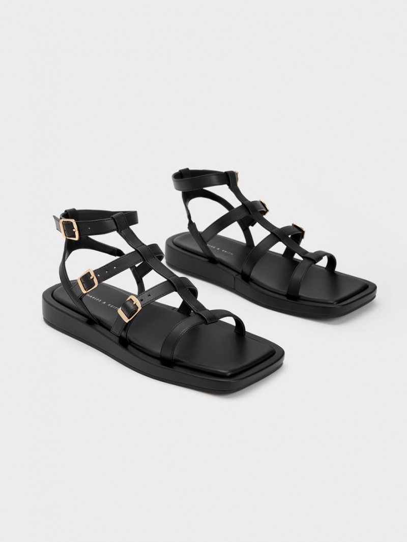 Charles And Keith Buckled Gladiator Flat Sandals Black | PHILIPPINES H508